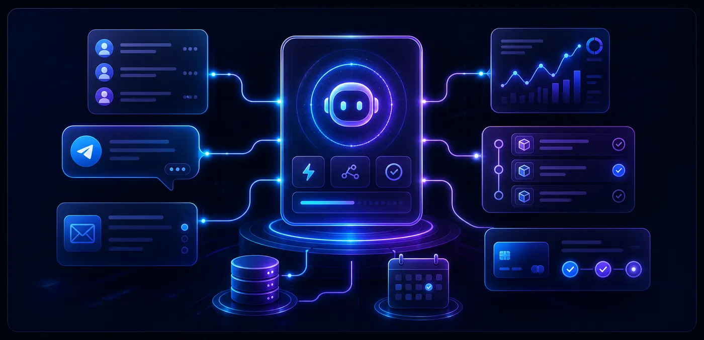 Неоновая схема AI-автоматизации заявок, Telegram, CRM и аналитики